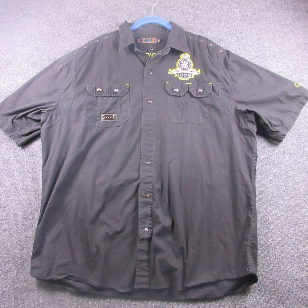 Coogi Shirt Mens 2XL Black Button Front Short Sleeve Embroidered Studded Pockets